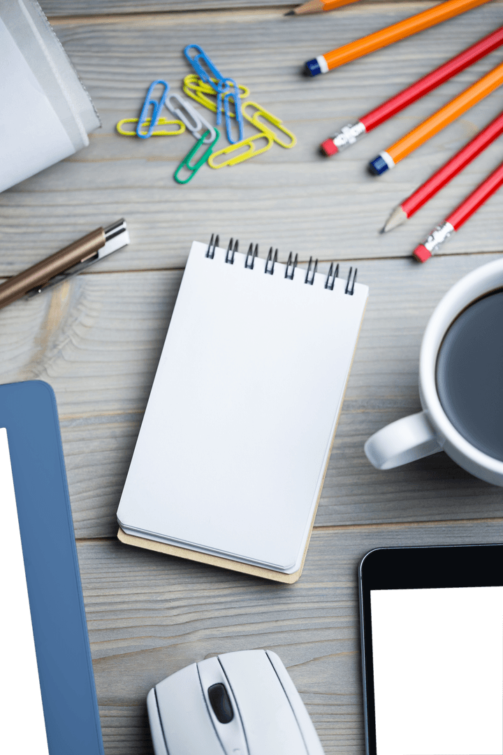 Transparent Workspace Essentials with Notepad and Coffee - Download Free Stock Images Pikwizard.com