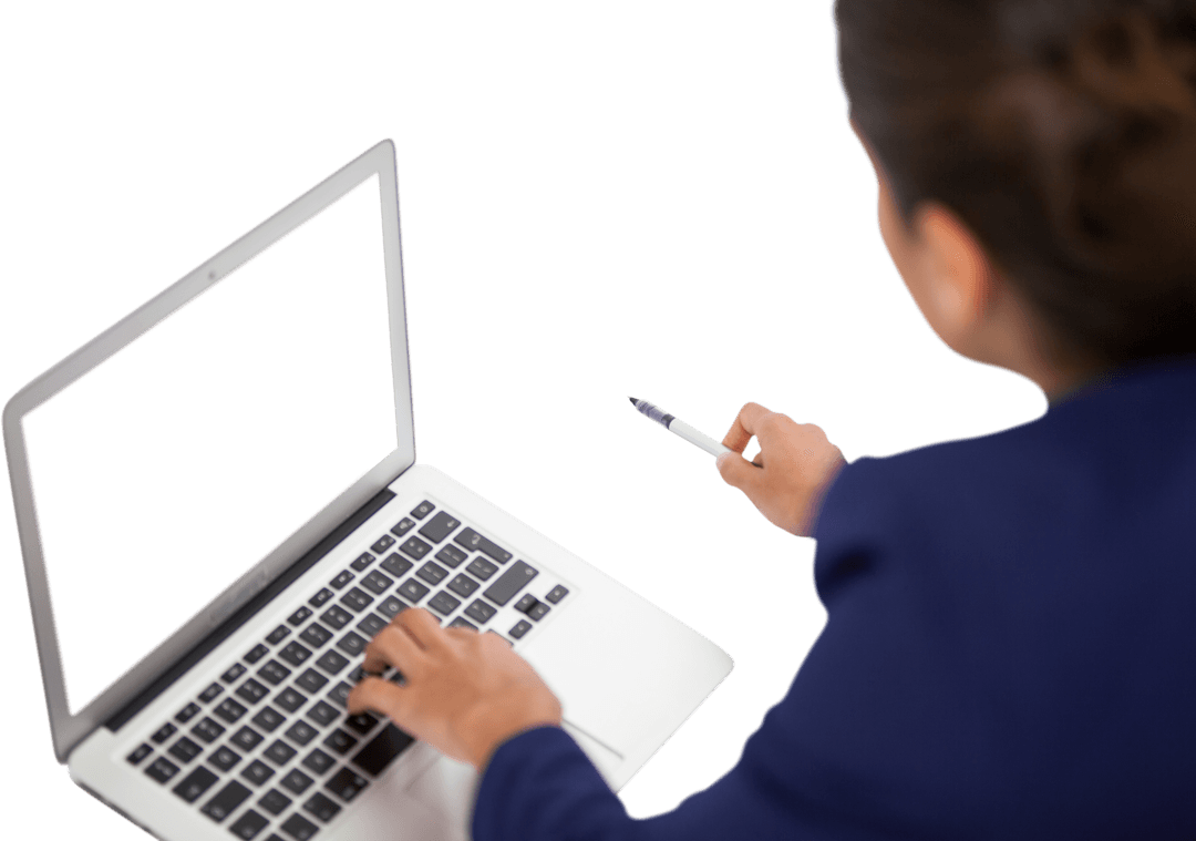 Transparent View Businesswoman Working on Laptop at Desk Session