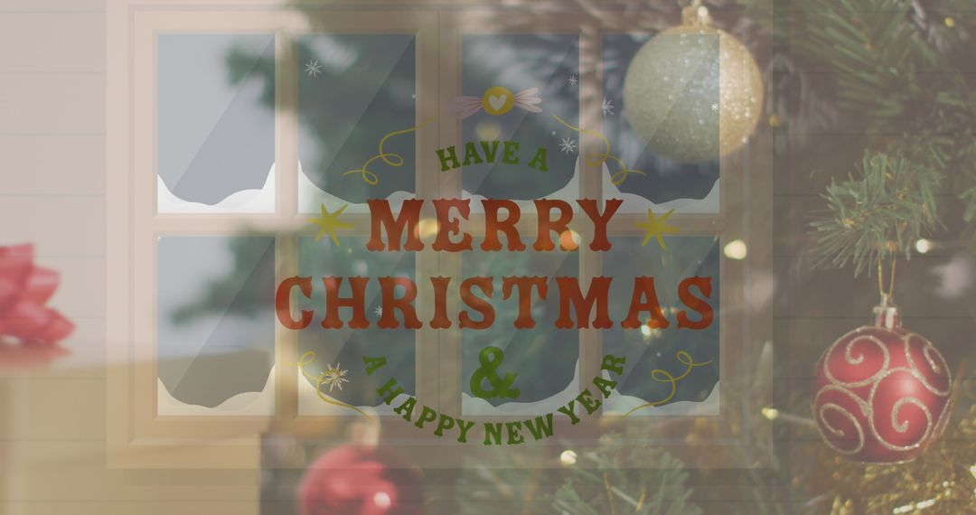 Festive Christmas Greeting on Frosted Window with Baubles
