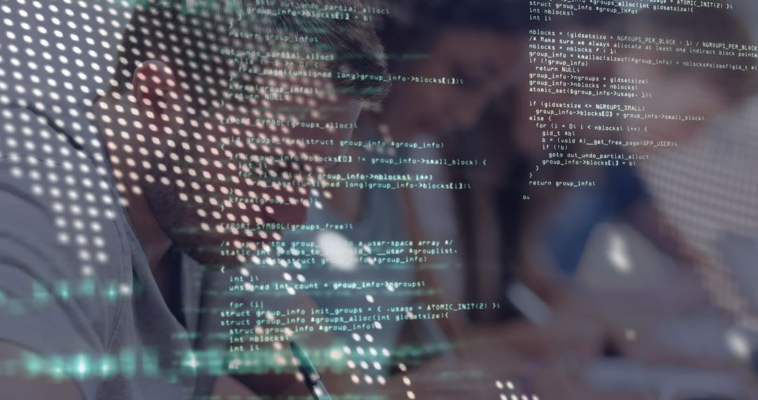 Developer Taking Notes with Code Overlay and Digital Interface