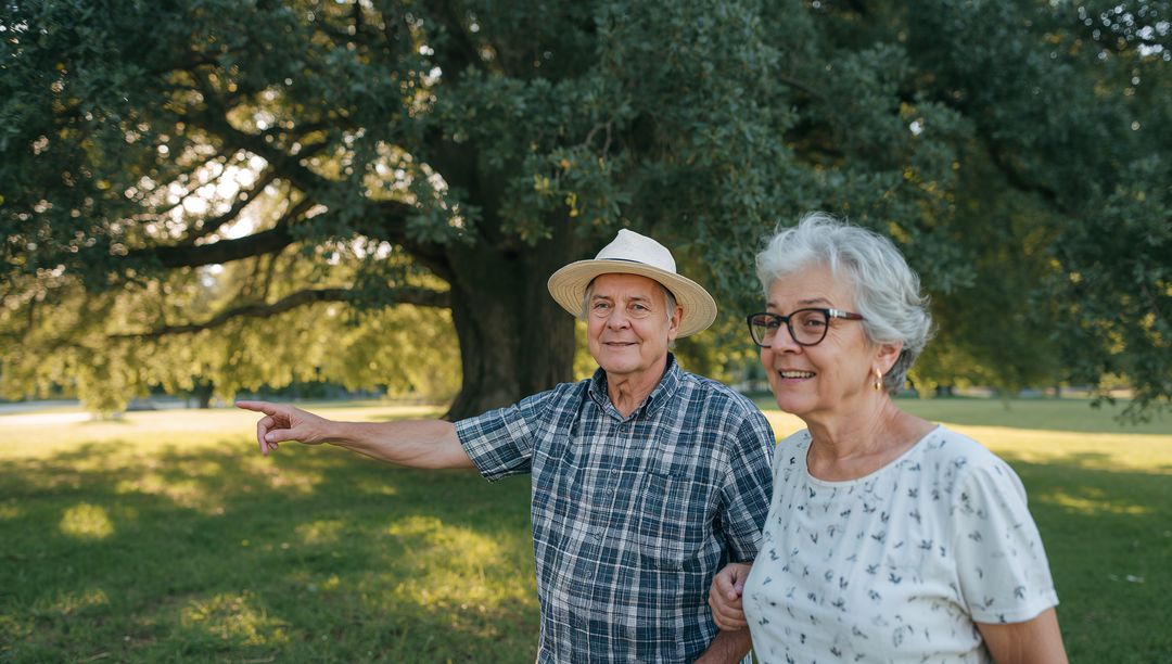 Senior Couple Pointing and Smiling While Walking by Large Oak Tree in Sunlit Park