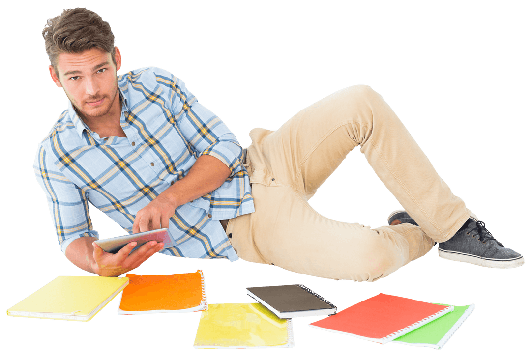 Casual Caucasian Man Using Tablet on Transparent Background