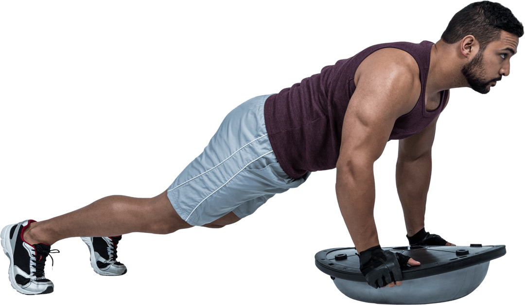 Muscular Man Performing Push-Ups on Transparent Bosu Ball