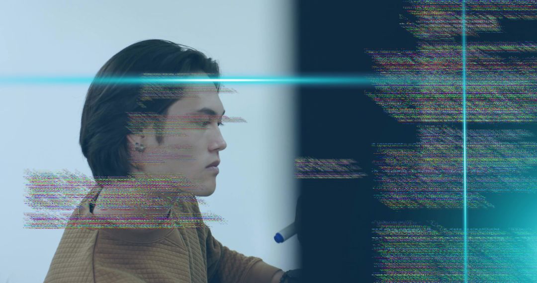 Focused Programmer Navigating Glitchy Code on Monitor