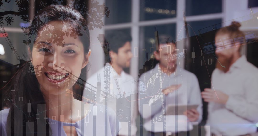 Financial Data Overlaid on Business Team Discussing Strategy