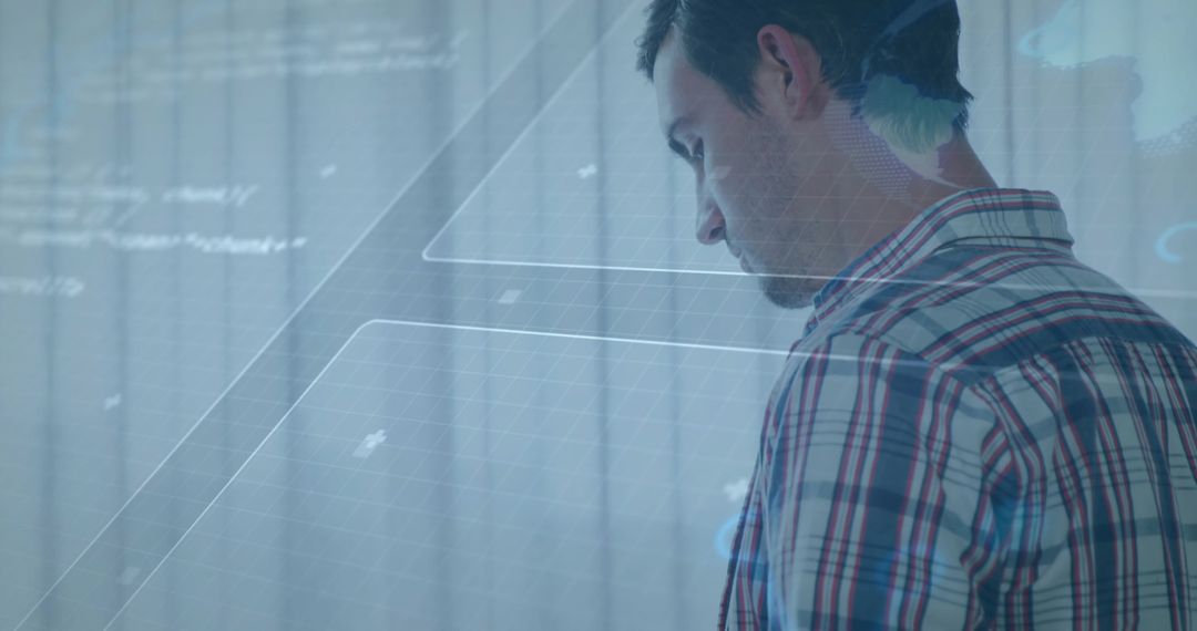 Engineer Interacting with High-Tech Holographic Interface