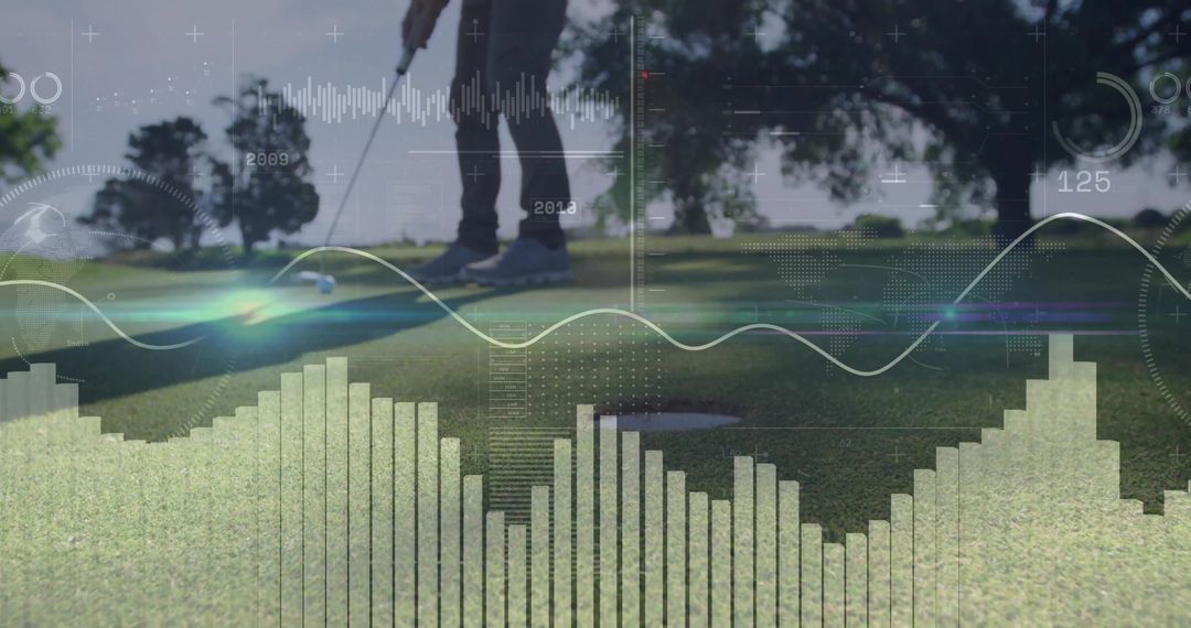 Golfer Analyzing Putt with Data Overlays on Green
