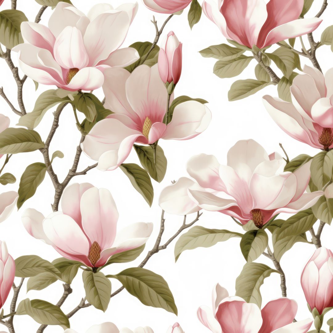 Seamless Pattern of Pink Magnolia Flowers and Leaves on White Background - Free Images, Stock Photos and Pictures on Pikwizard.com