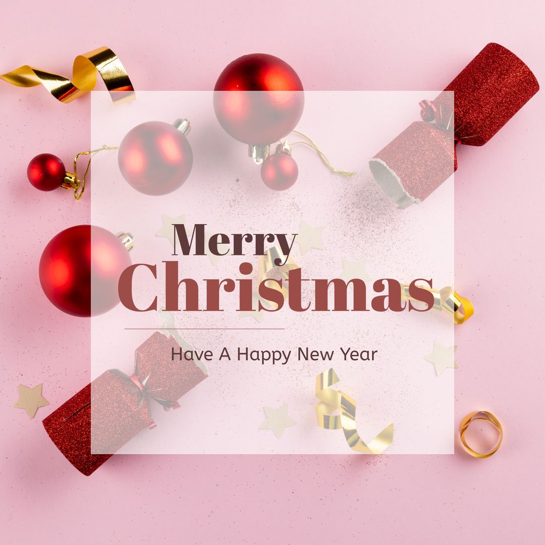 Festive Christmas Greeting Card with Red Baubles and Party Crackers