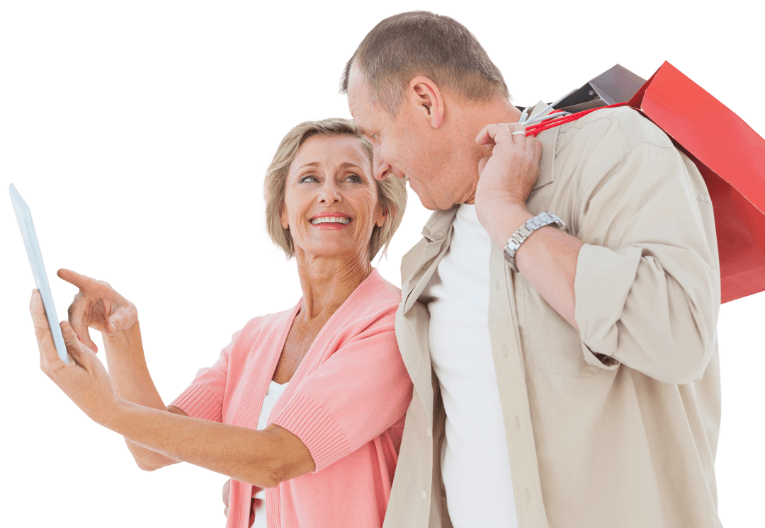 Transparent Joyous Senior Couple Using Tablet and Shopping