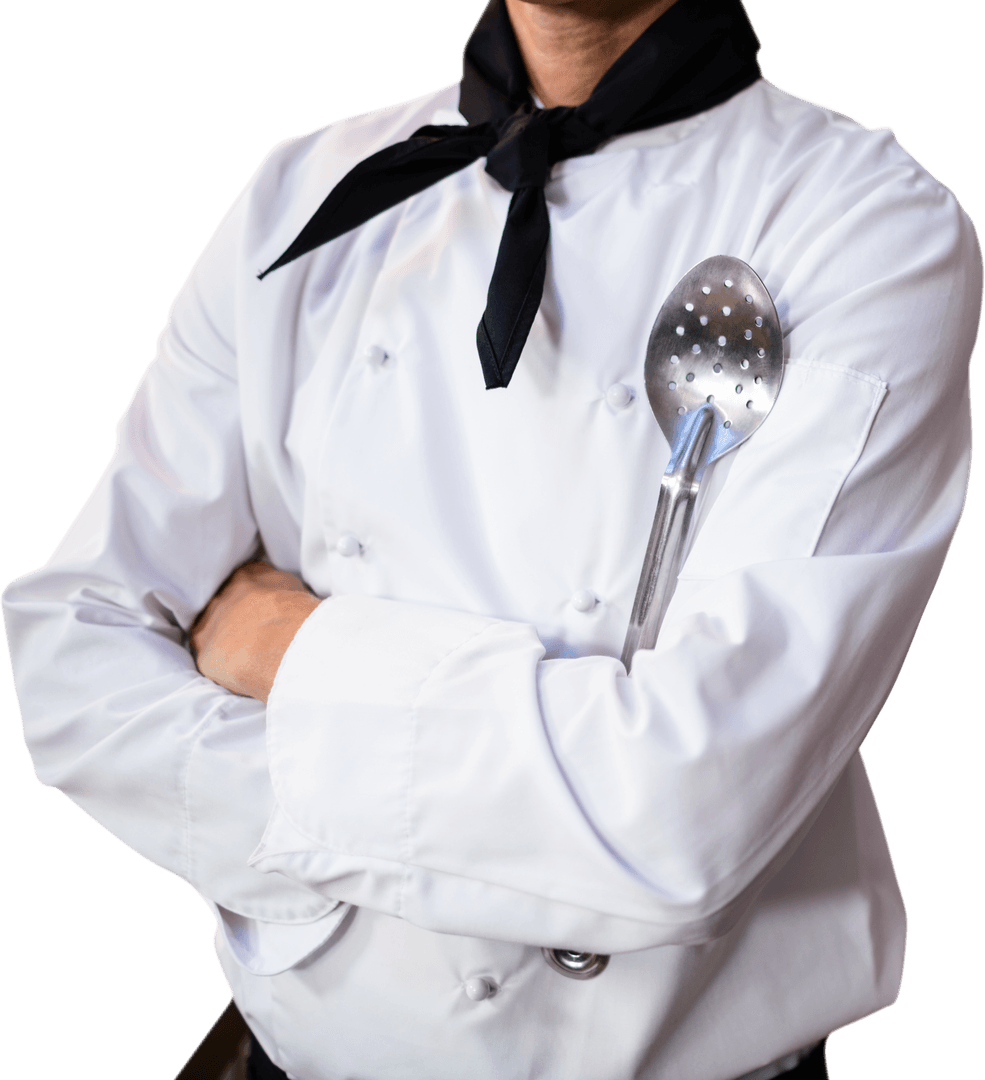 Confident Chef Has Arms Crossed Holding Slotted Spoon on Transparent Background