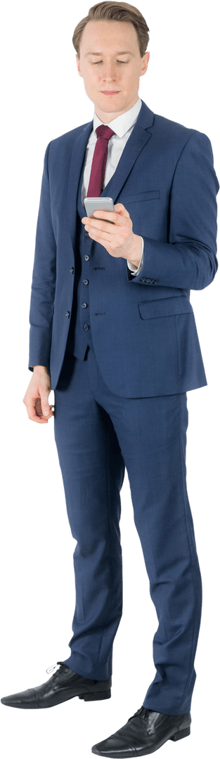 Businessman in Blue Suit Checking Smartphone Transparent Background