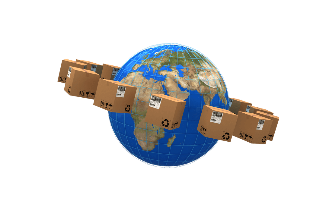 Global Shipping Concept with Transparent Background and Cardboard Boxes