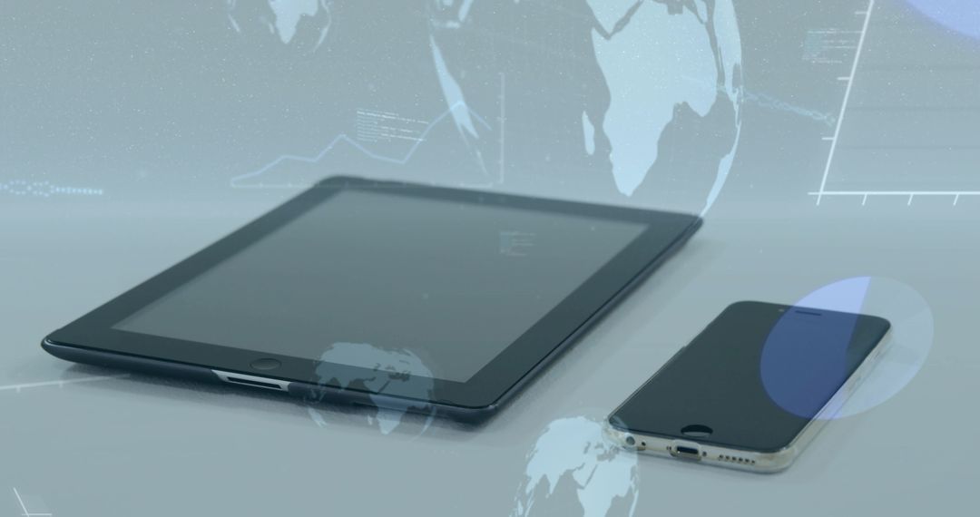 Tablet and Smartphone Displaying Holographic Global Data Visualization in Futuristic Blue