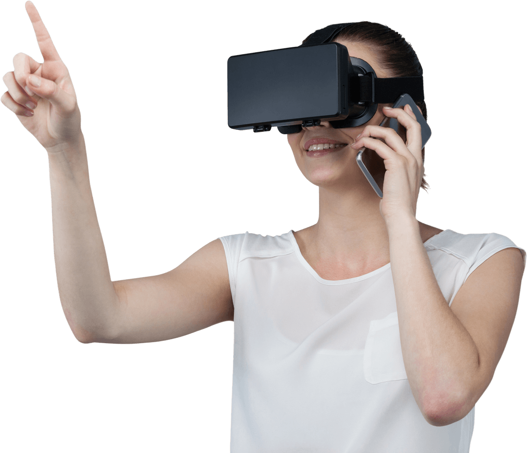 Transparent View: Woman Engaging with VR and Mobile Communication