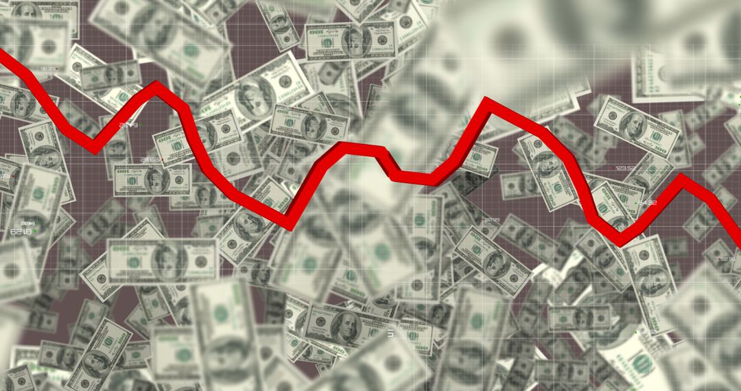 Digital composite image of red line graph moving down over us paper currency, copy space - Free Images, Stock Photos and Pictures on Pikwizard.com