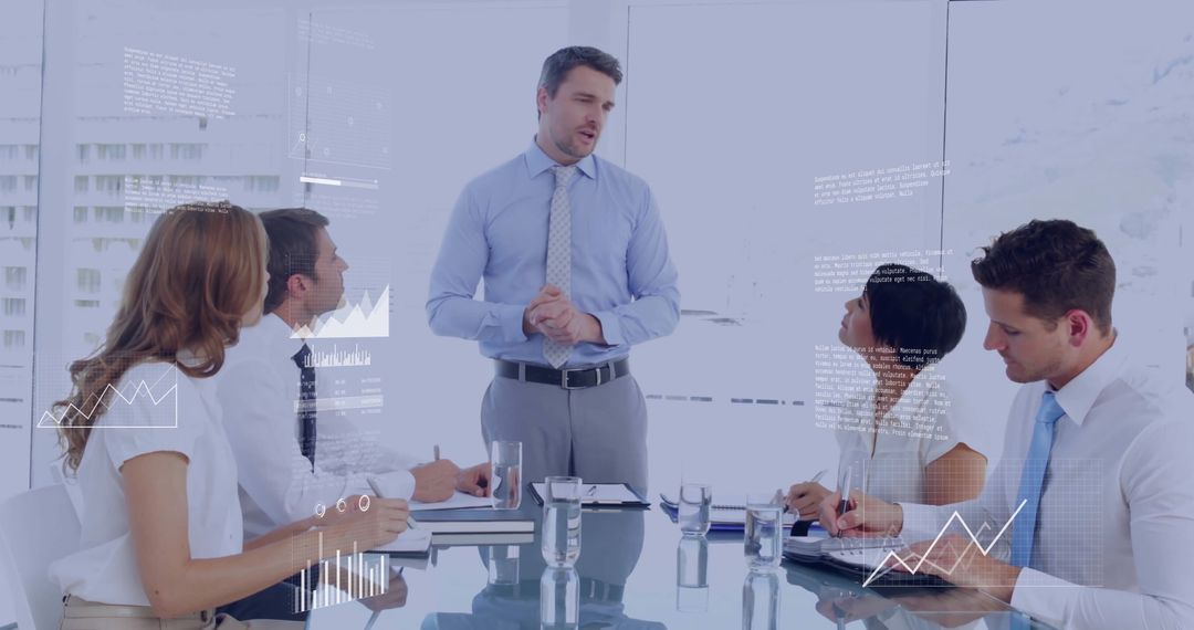 Business Team Meeting with Digital Financial Analytics Display