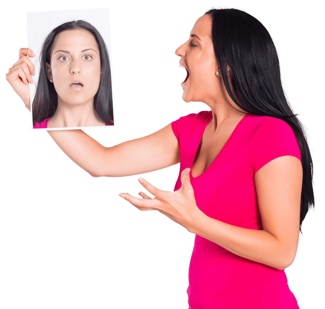 Angry Woman Holding Surprised Portrait on Transparent Background