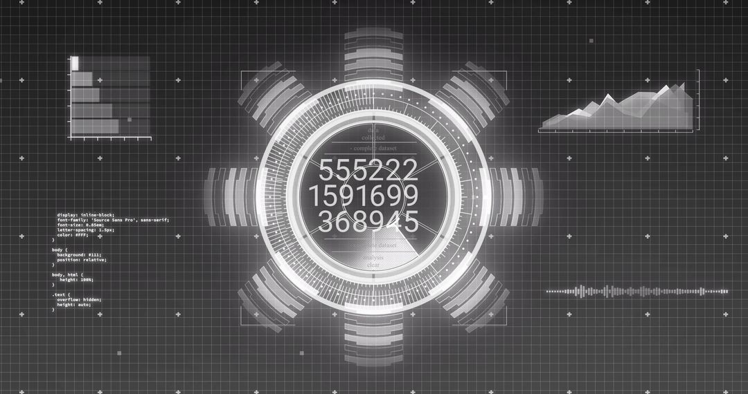Futuristic HUD Dashboard Displaying Circular Analytics with Numeric Readouts and Graphs