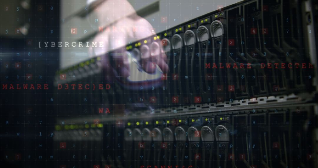 Cyber Attack Alert in Server Room with Digital Overlays