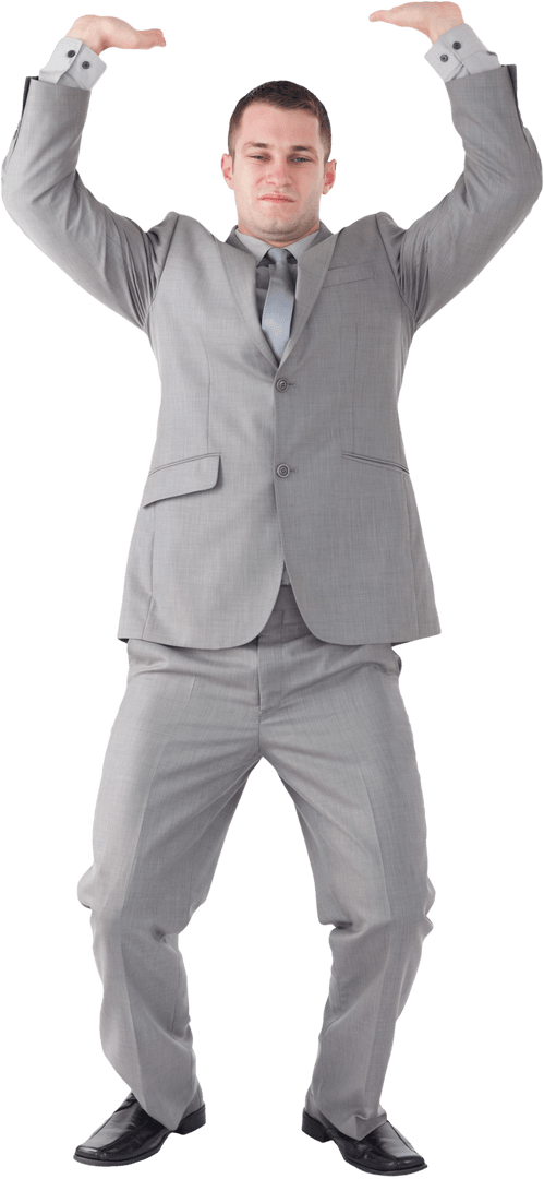 Caucasian Businessman Holding Invisible Object Transparent