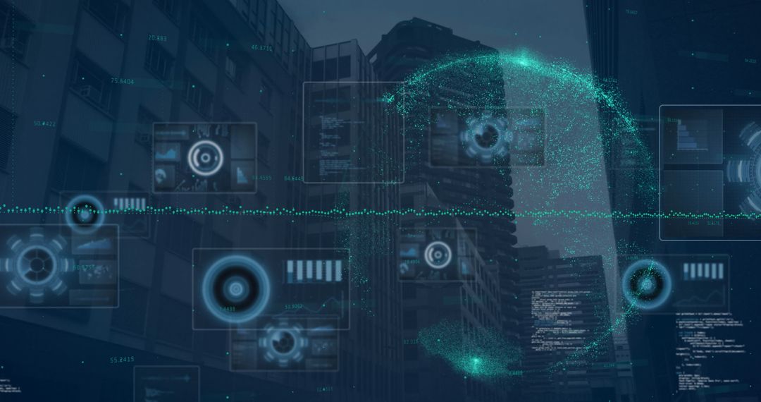 Futuristic Data Interfaces over Cityscape with Digital Globe