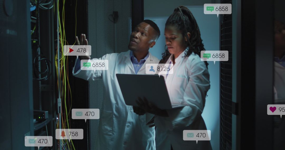 Engineers Collaborating in Server Room with Tech Overlays