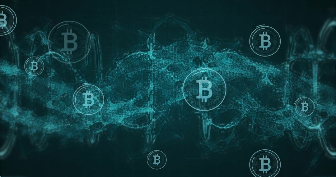 Digital Bitcoins Flowing Over DNA Strand in Futuristic Design