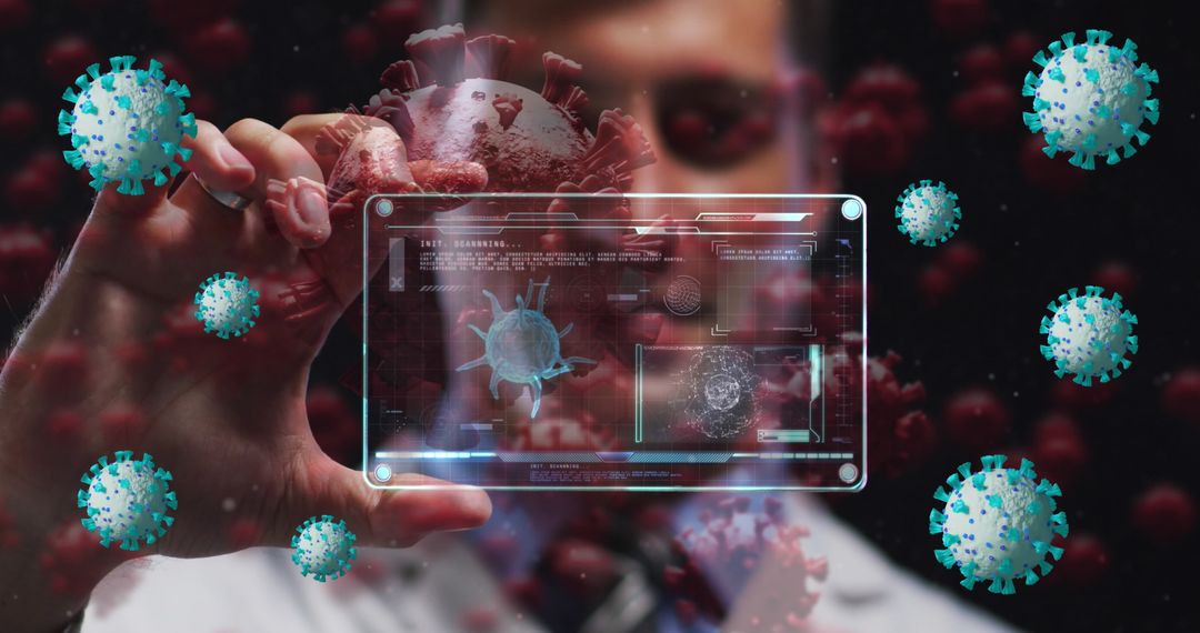 Doctor Analyzing Virus Data on Futuristic Digital Interface