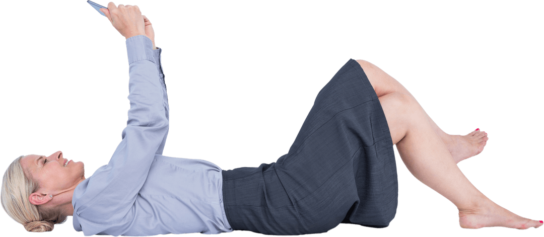 Businesswoman Lying on Floor Using Digital Tablet on Transparent Background