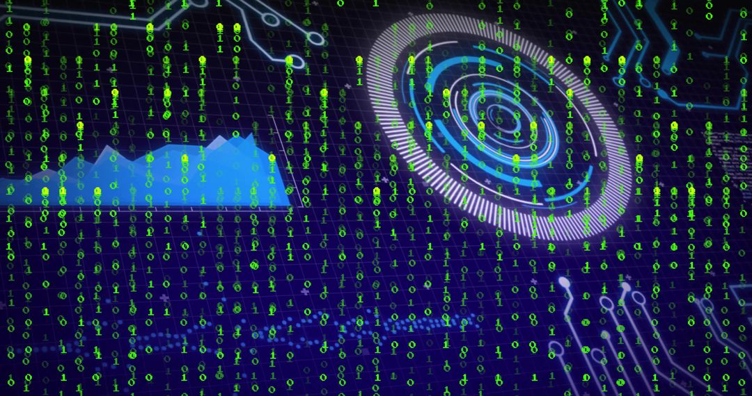 Neon Cyber Dashboard with Binary Rain, Futuristic HUD Rings and Holographic Dataviz