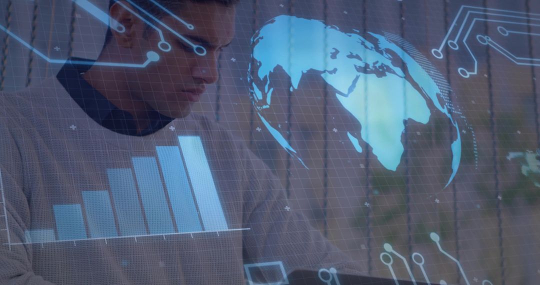 Young man analyzing global data on laptop with holographic HUD overlay