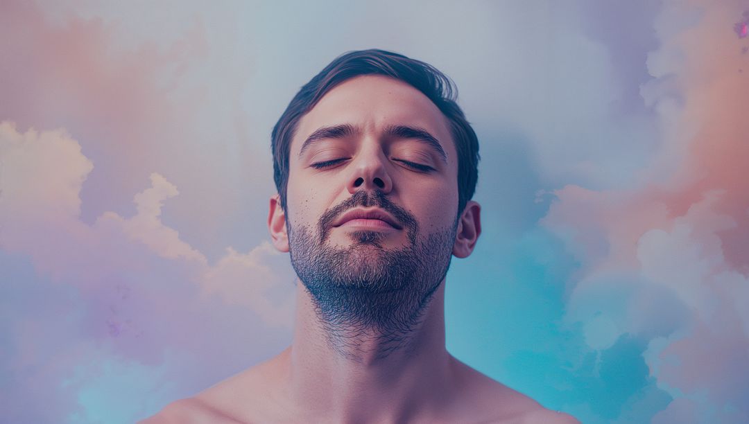 Man Embracing Tranquility in Dreamlike Pastel Cloud Backdrop