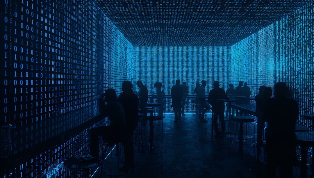 Silhouetted Crowd Experiencing Immersive Blue Binary Installation at Futuristic Cyber Expo