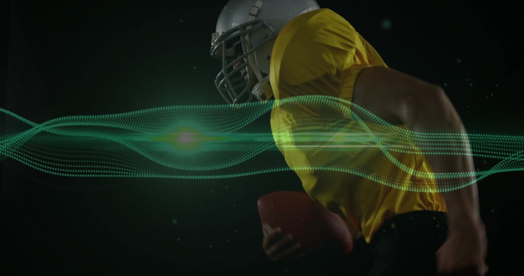 Football Player Charging with Futuristic Green Wave Graphics