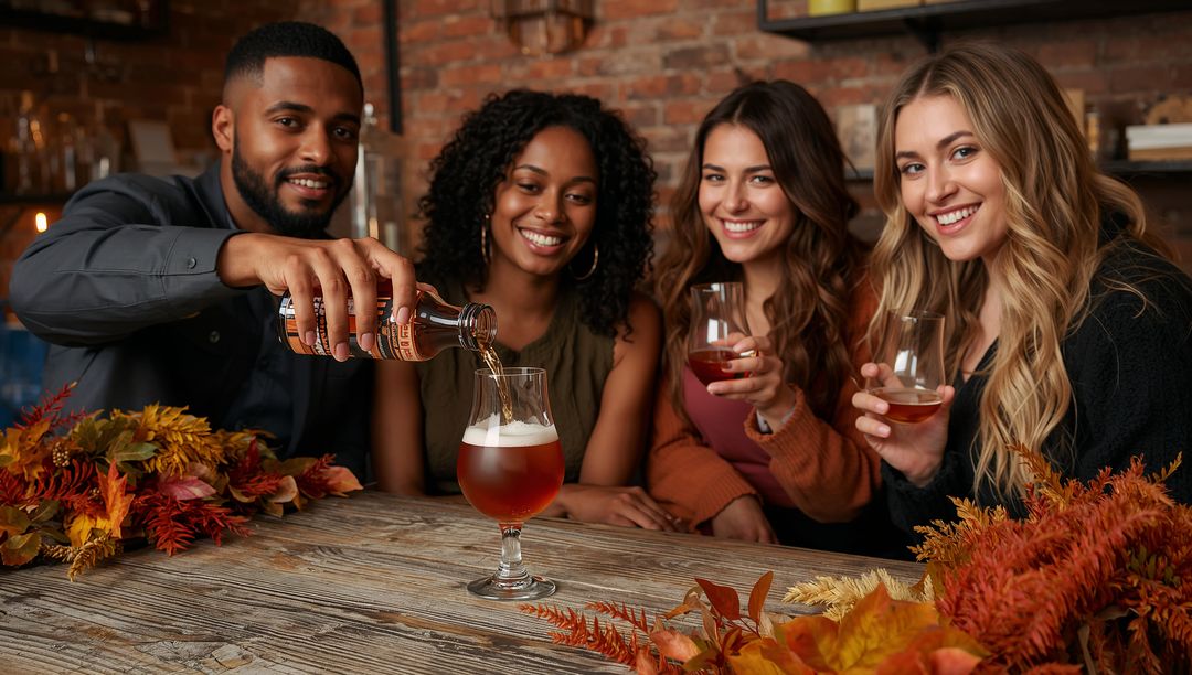Pouring Beer and Clinking Glasses at Rustic Fall Tasting Night with Friends