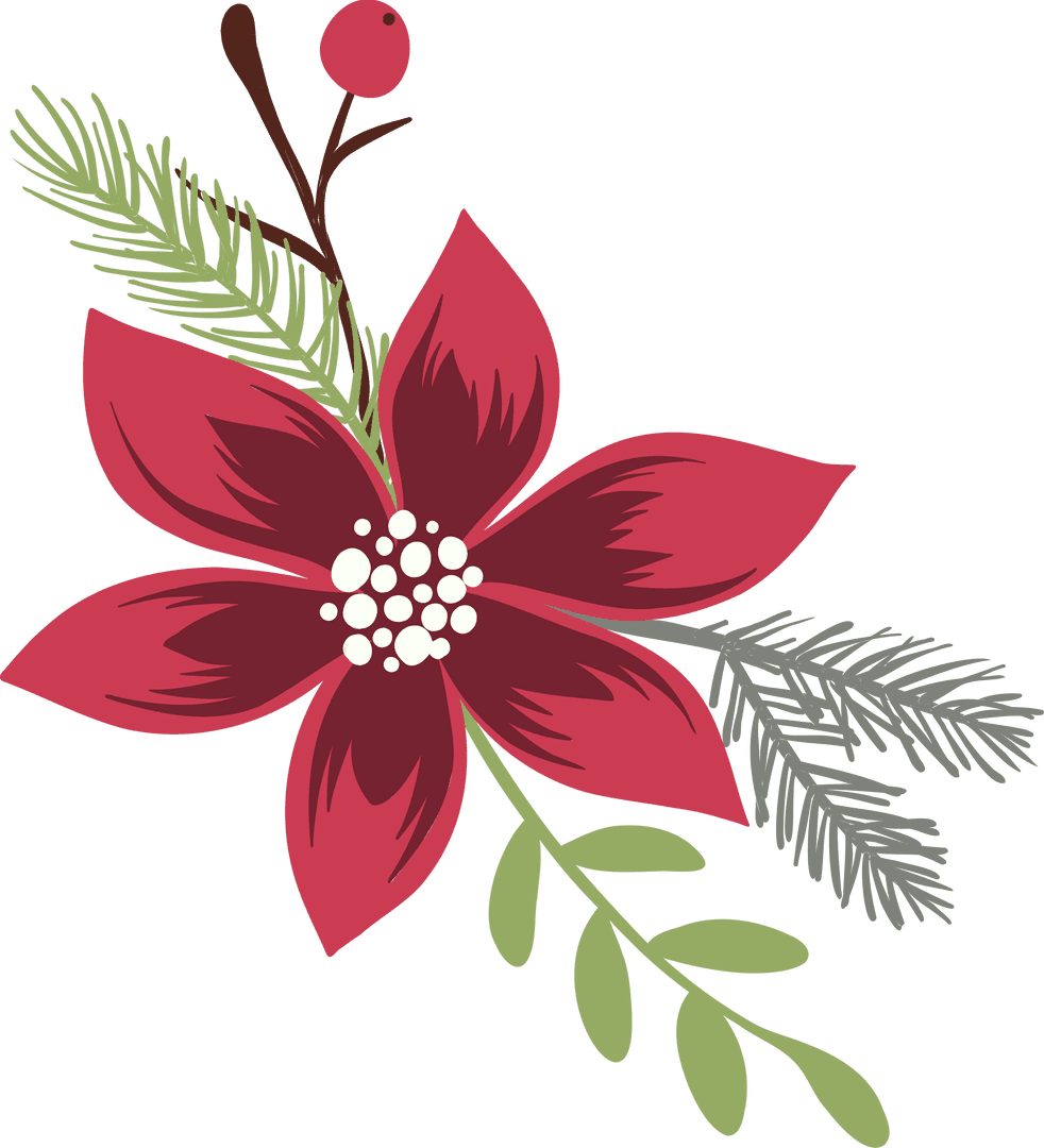 Transparent Floral Red Bloom with Pine and Berry Twig