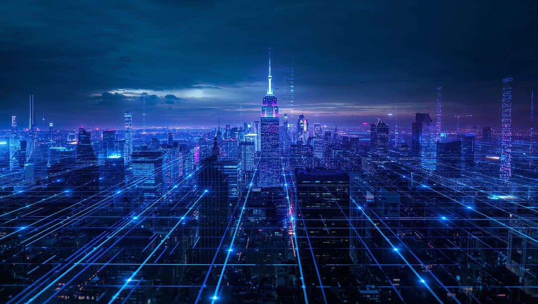 Cyberpunk Metropolis with Neon Skylines and Digital Grid Overlay