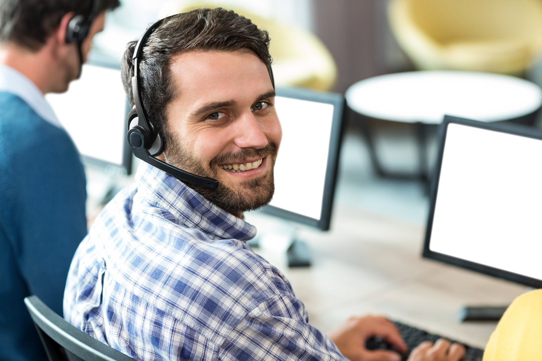 Transparent smiling man at office wearing headset provides customer service - Download Free Stock Images Pikwizard.com