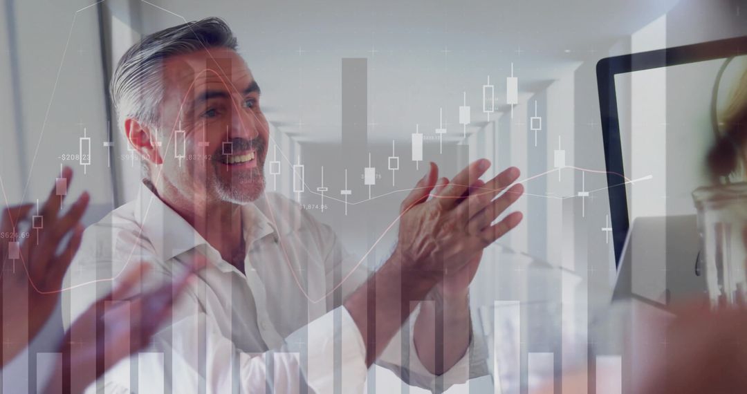 Business Professionals Celebrating Success with Data Chart Overlay