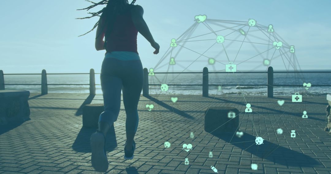 Woman Jogging by the Sea with Digital Health Network Overlay