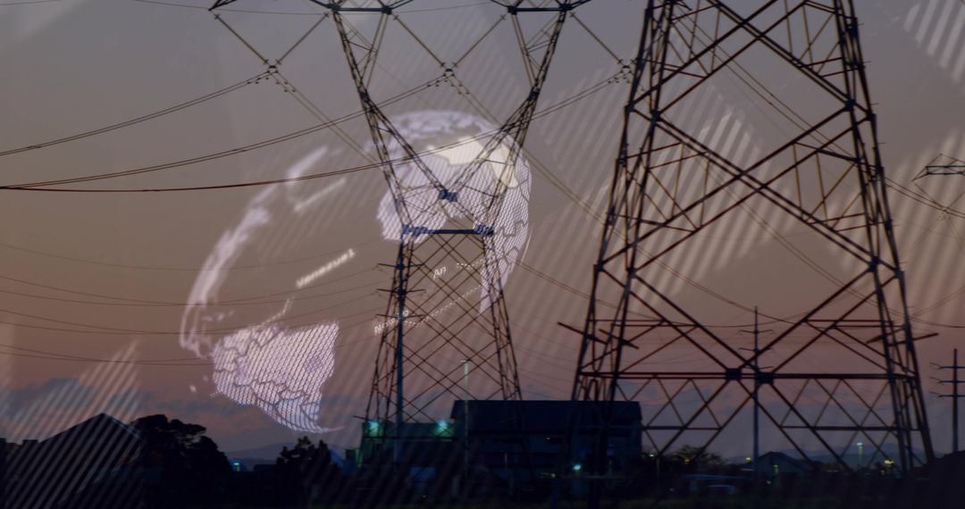 High-Voltage Power Towers with Globe Overlay at Dusk