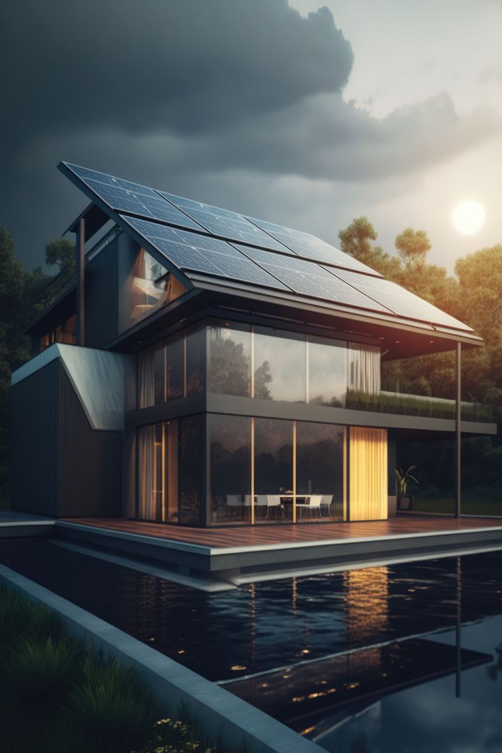 Modern Eco-Friendly House with Solar Panels at Sunset - Free Images, Stock Photos and Pictures on Pikwizard.com