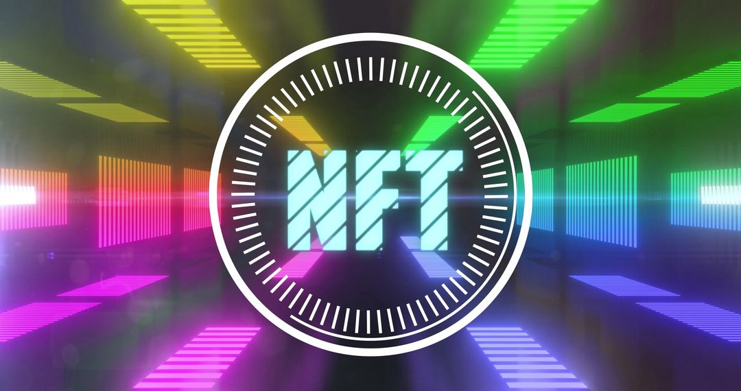 NFT Text in Futuristic Digital Tunnel with Rainbow Light Bars
