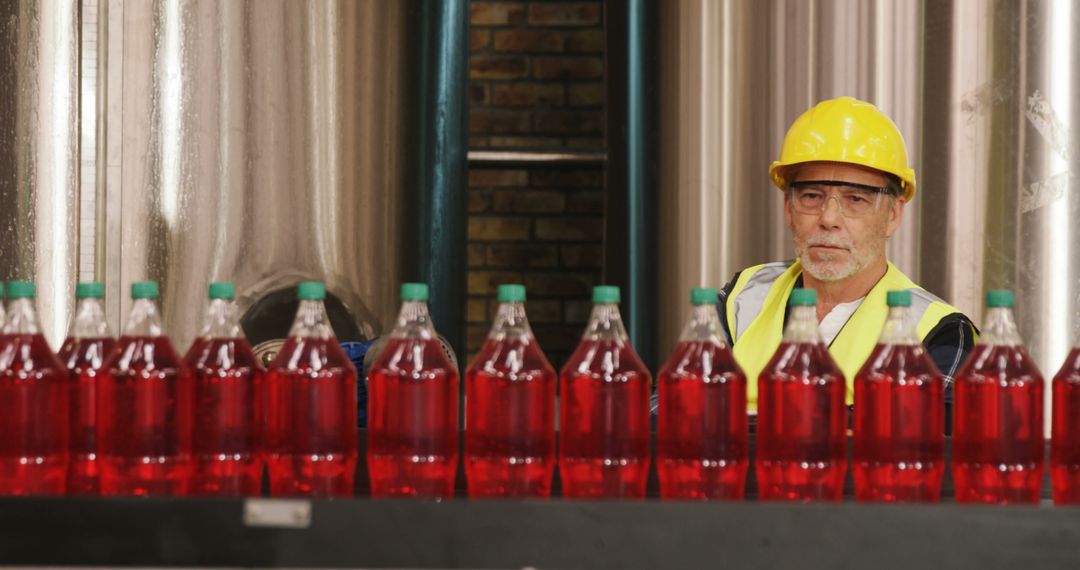 Worker Monitoring Juice Production Line in Factory
