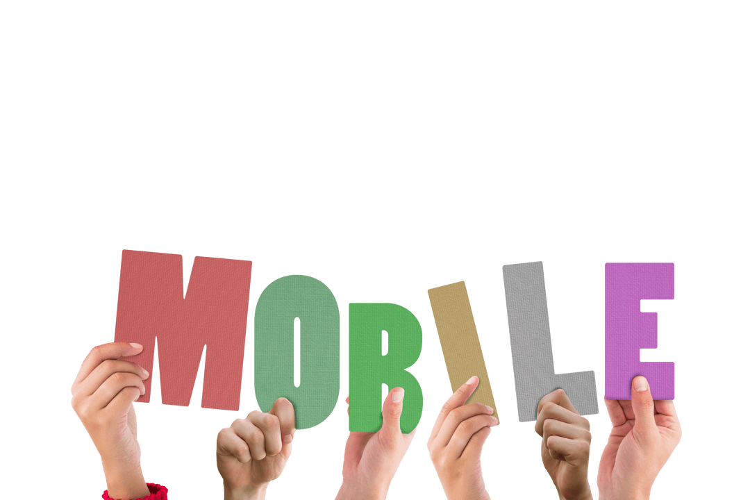 Diverse Hands Holding Colorful Transparent Mobile Letters