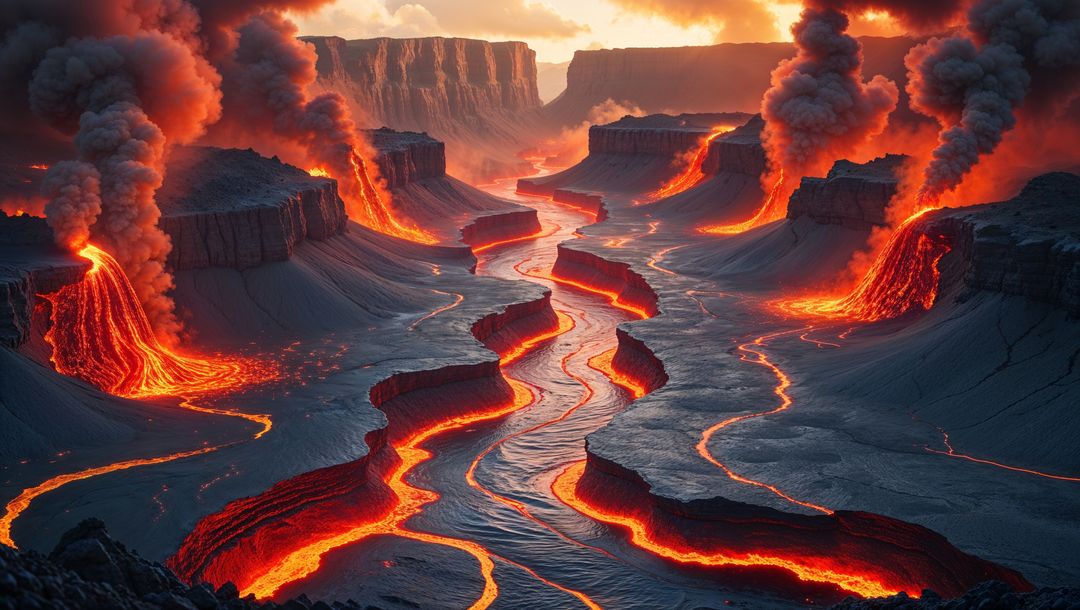 Molten Lava River Flowing Through Dramatic Canyon During Eruption
