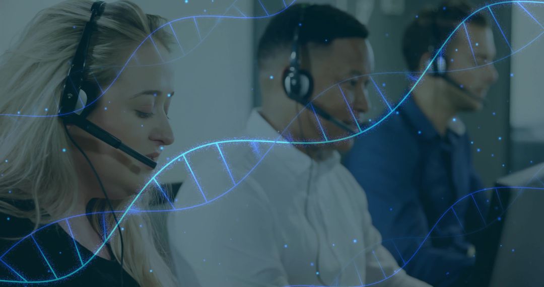 Call Center Team Working Overlaid with DNA Helix Symbolizing Connection and Growth