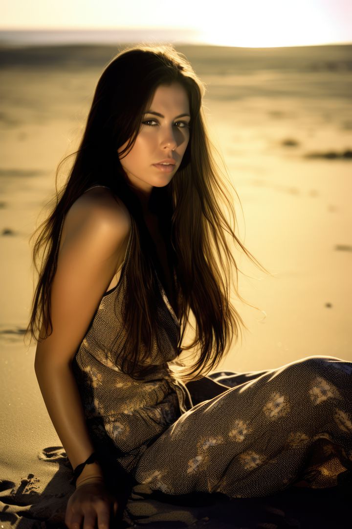 Woman Surrounded by Golden Sands During Sunset - Free Images, Stock Photos and Pictures on Pikwizard.com