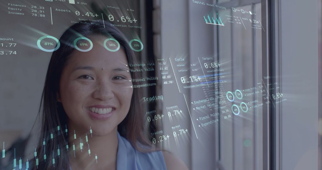 Smiling Businesswoman with Virtual Financial Data Overlay in Office Scene